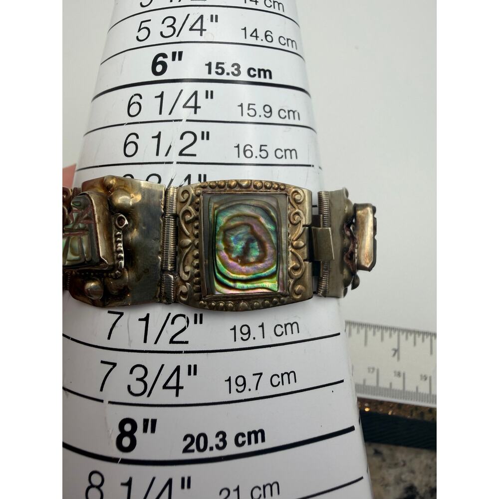 Vintage 1950"s Alpaca Hecho en Mexico Taxco abalone Panel Link Bracelet - Picture 7 of 7